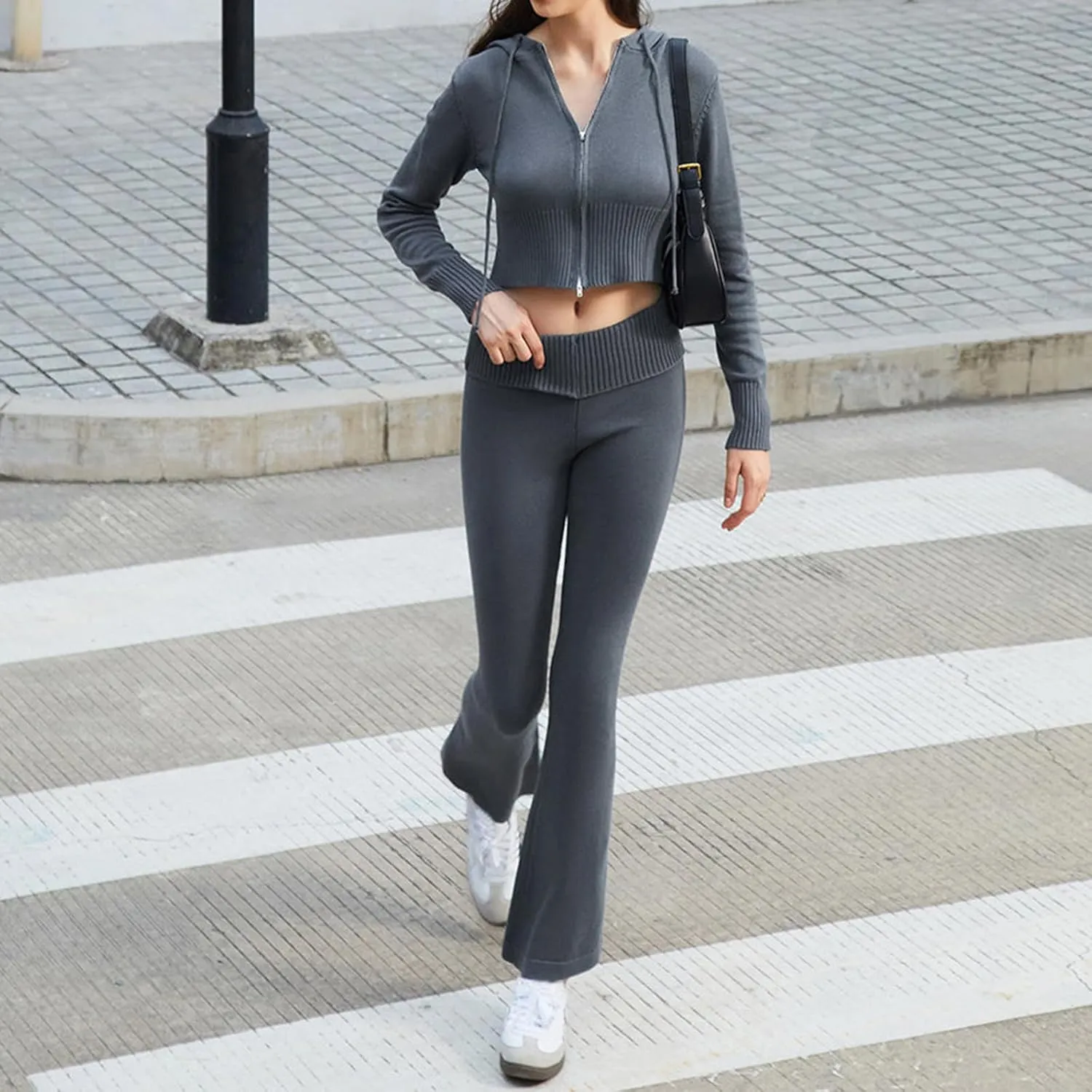 Women's Ribbed Knit 2Pcs Outfits Long Sleeve Zip Up Hooded Sweater Top Flare Skinny Pants Set Y2K Loungewear Set