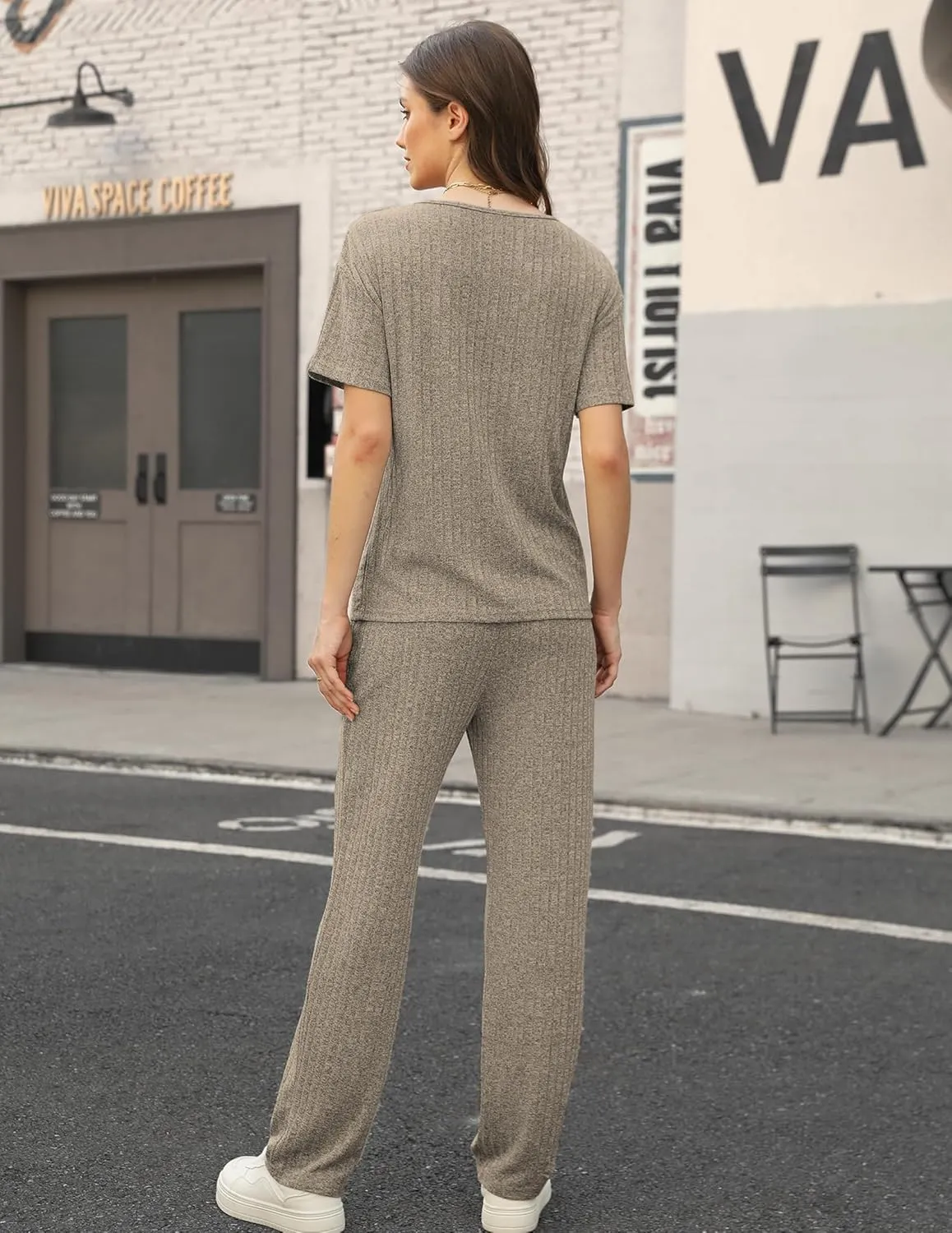 Womens Ribbed Knit Lounge Set, Short Sleeve and Long Pants Sweatsuits Christmas Pajamas 2 Piece Loungewear Set
