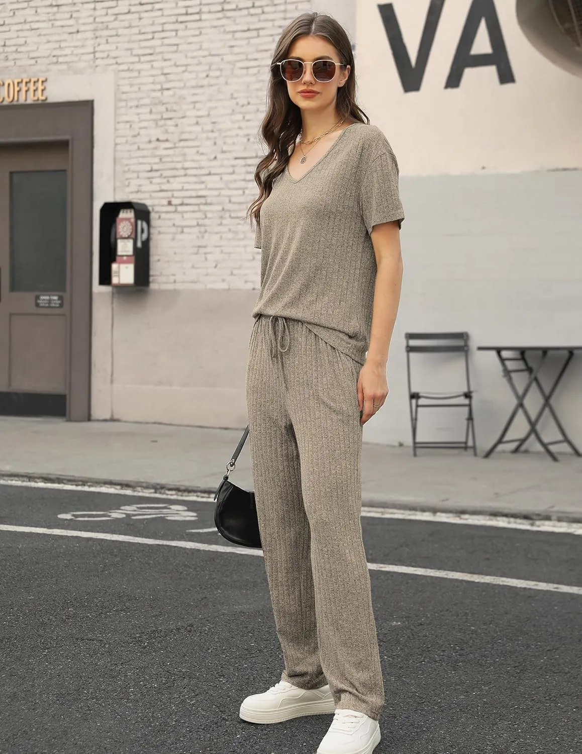 Womens Ribbed Knit Lounge Set, Short Sleeve and Long Pants Sweatsuits Christmas Pajamas 2 Piece Loungewear Set