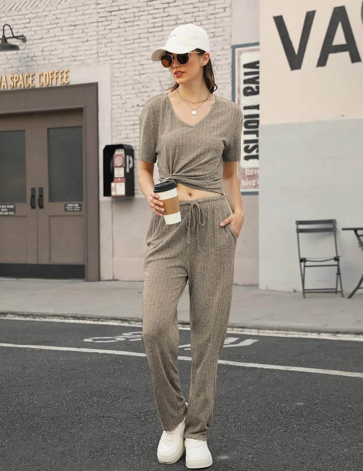 Womens Ribbed Knit Lounge Set, Short Sleeve and Long Pants Sweatsuits Christmas Pajamas 2 Piece Loungewear Set