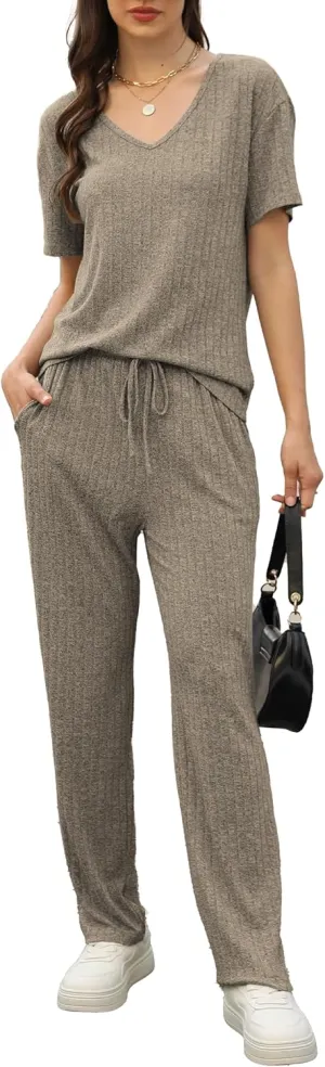 Womens Ribbed Knit Lounge Set, Short Sleeve and Long Pants Sweatsuits Christmas Pajamas 2 Piece Loungewear Set