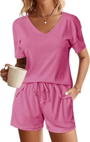 Womens Ribbed Knit Lounge Set, Short Sleeve Top and Shorts, Waffle 2 Piece with Cute Sleep Loungewear Sets