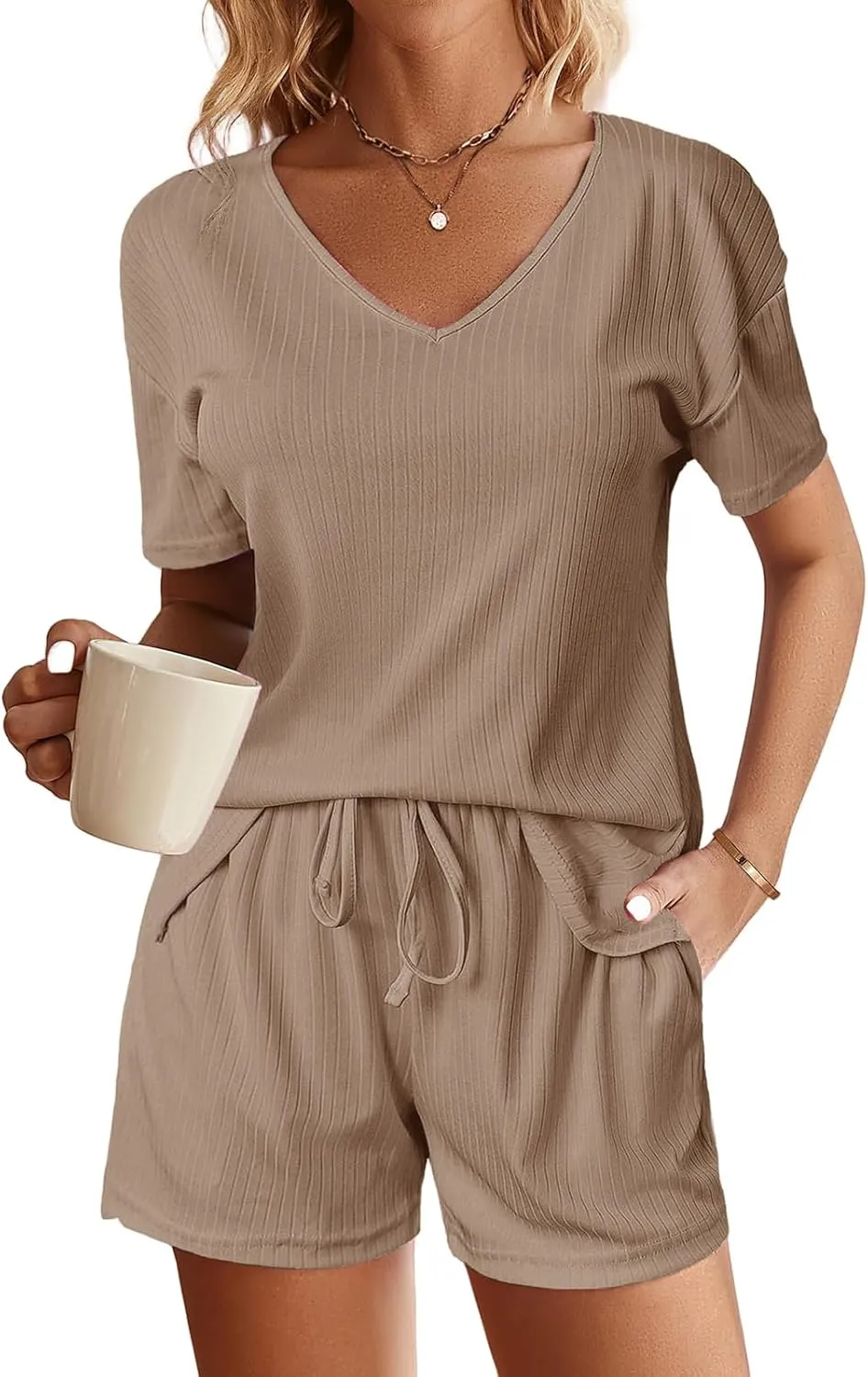 Womens Ribbed Knit Lounge Set, Short Sleeve Top and Shorts, Waffle 2 Piece with Cute Sleep Loungewear Sets