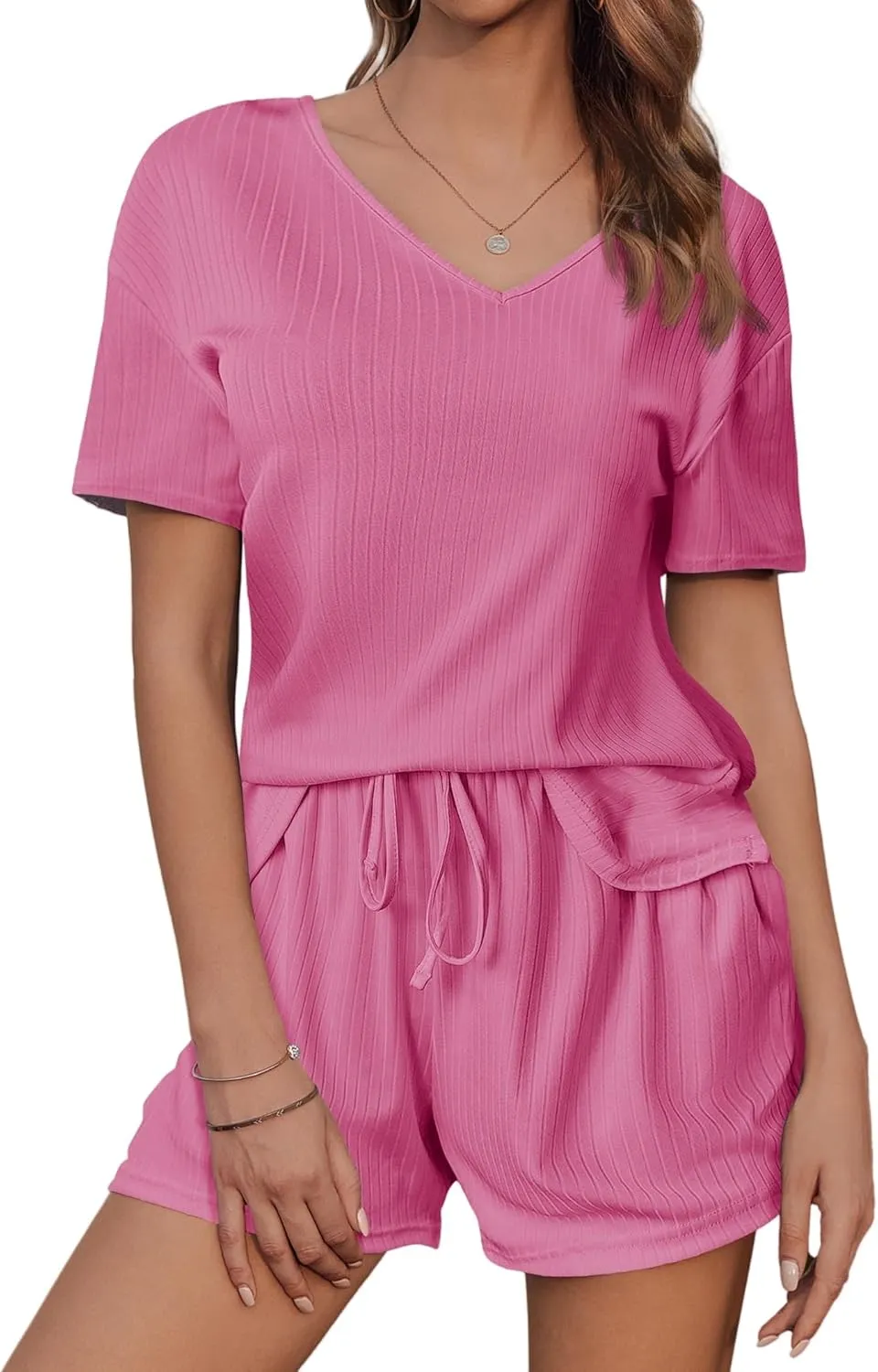 Womens Ribbed Knit Lounge Set, Short Sleeve Top and Shorts, Waffle 2 Piece with Cute Sleep Loungewear Sets