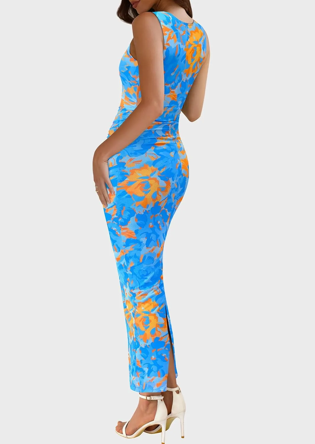 Women's Ruched Bodycon Maxi Dress Sleeveless Floral Slit Mesh Party Fitted Cocktail Wedding Guest Tank Dress