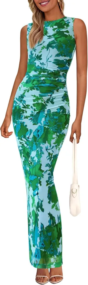 Women's Ruched Bodycon Maxi Dress Sleeveless Floral Slit Mesh Party Fitted Cocktail Wedding Guest Tank Dress