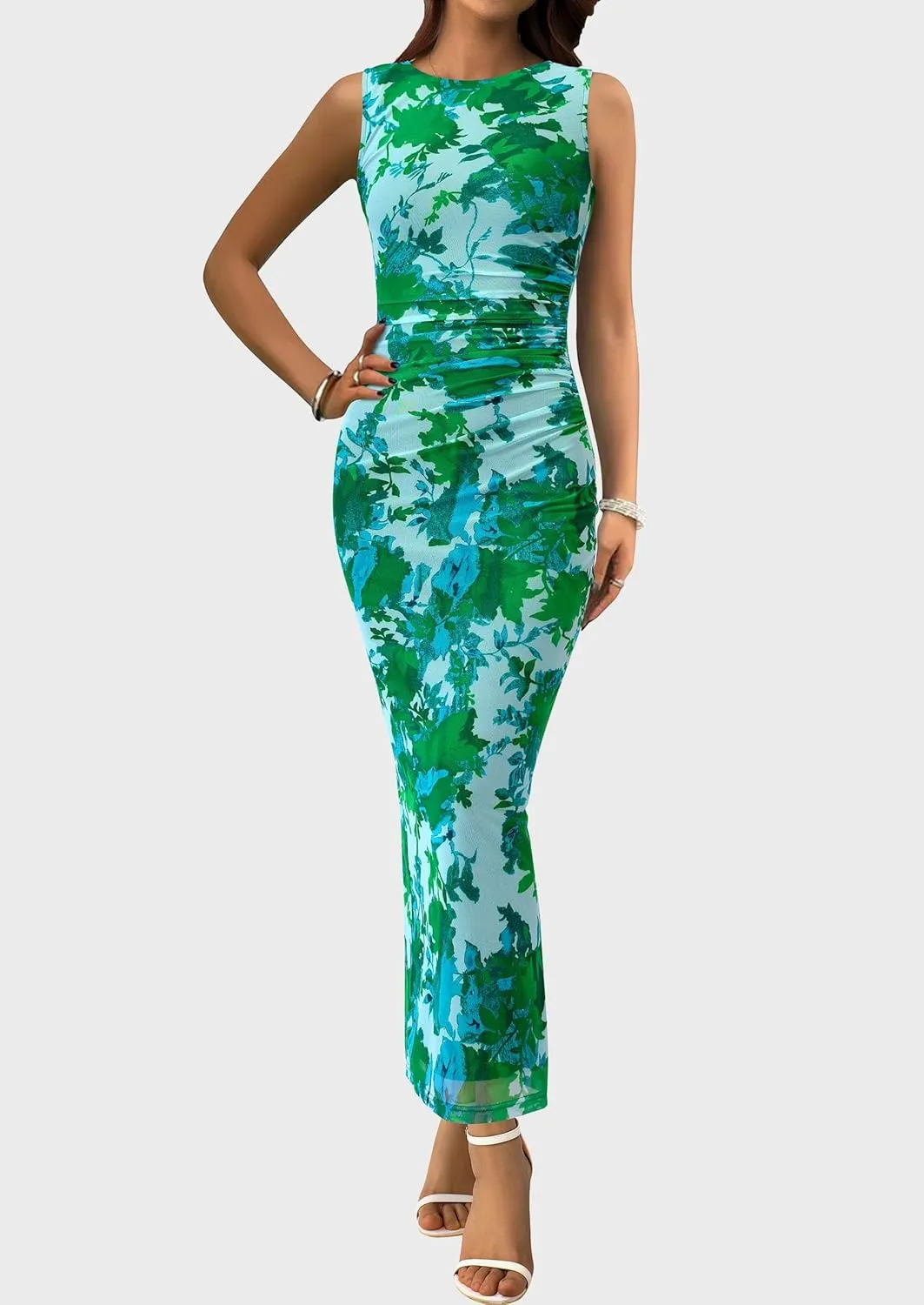 Women's Ruched Bodycon Maxi Dress Sleeveless Floral Slit Mesh Party Fitted Cocktail Wedding Guest Tank Dress