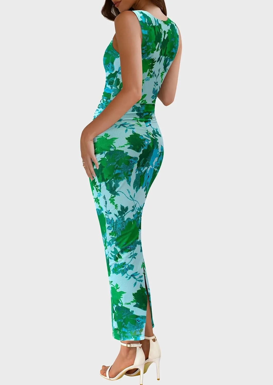 Women's Ruched Bodycon Maxi Dress Sleeveless Floral Slit Mesh Party Fitted Cocktail Wedding Guest Tank Dress