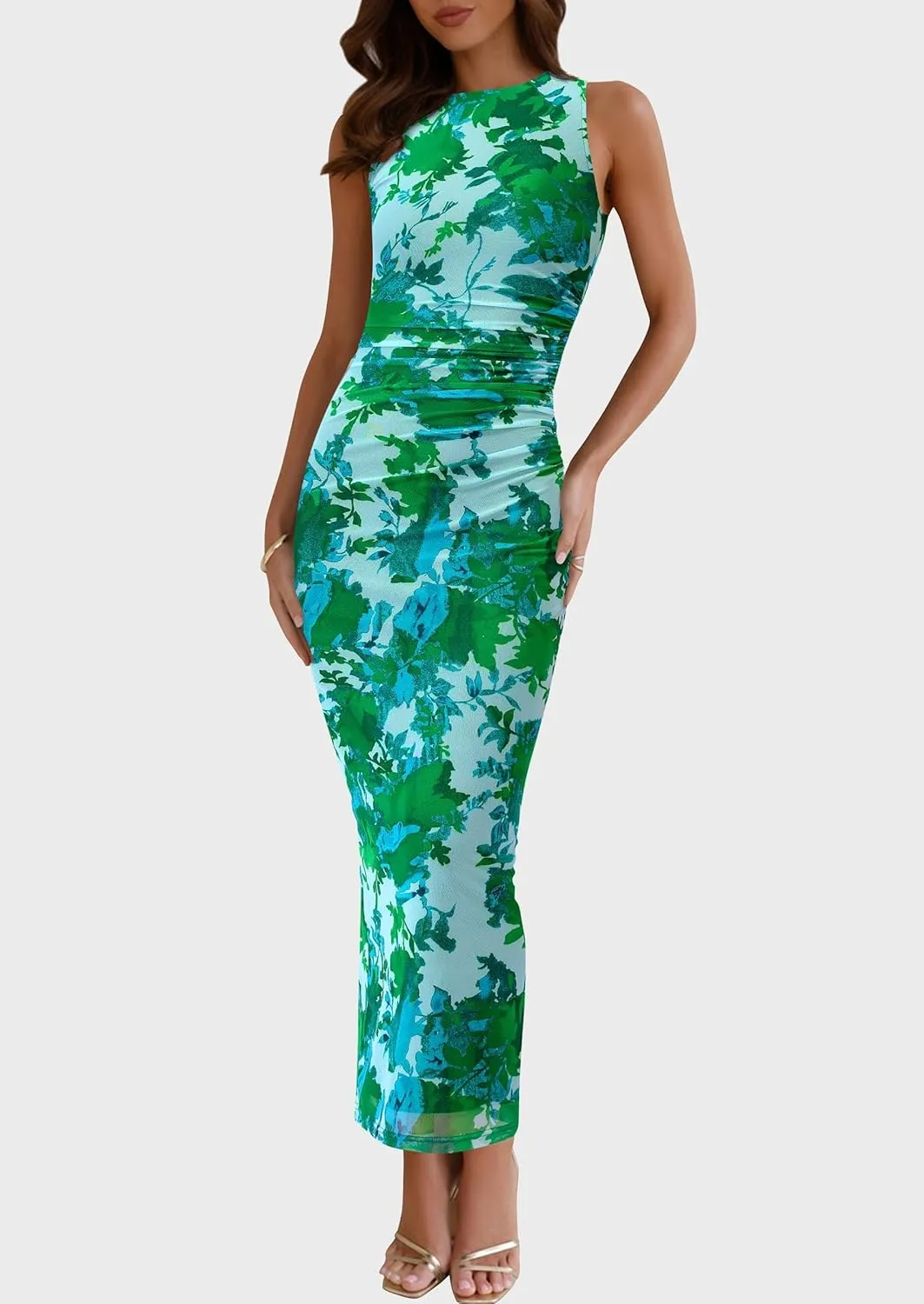 Women's Ruched Bodycon Maxi Dress Sleeveless Floral Slit Mesh Party Fitted Cocktail Wedding Guest Tank Dress