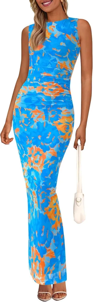 Women's Ruched Bodycon Maxi Dress Sleeveless Floral Slit Mesh Party Fitted Cocktail Wedding Guest Tank Dress
