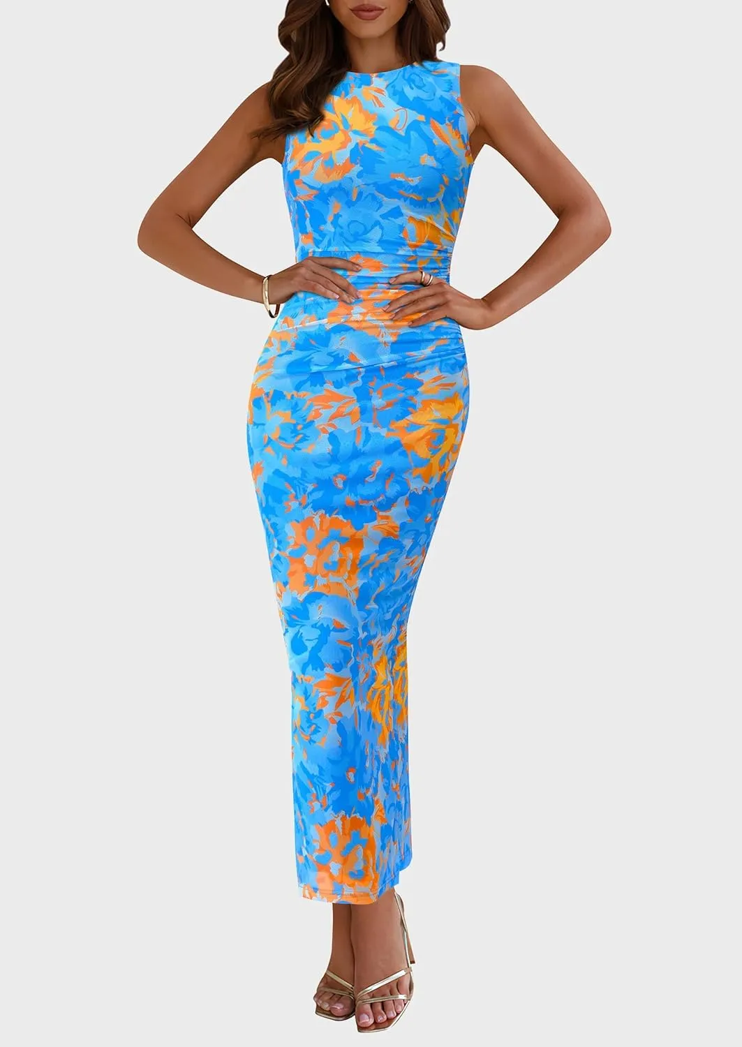 Women's Ruched Bodycon Maxi Dress Sleeveless Floral Slit Mesh Party Fitted Cocktail Wedding Guest Tank Dress