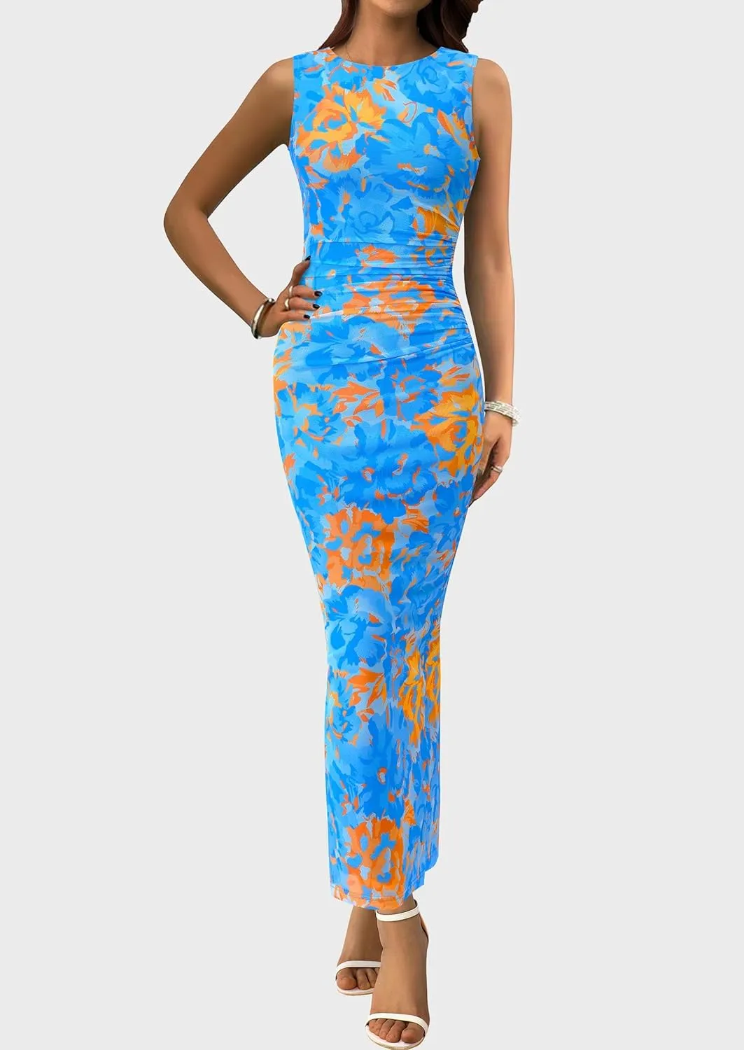 Women's Ruched Bodycon Maxi Dress Sleeveless Floral Slit Mesh Party Fitted Cocktail Wedding Guest Tank Dress
