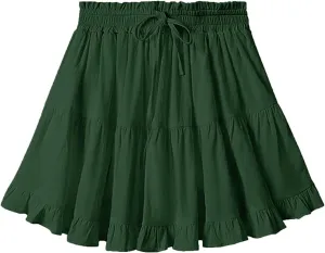Womens Ruffle Mini Skirts 2025 Cute High Waist A Line Pleated Beach Skirt Drawstring Tie Elastic Waist Skirts