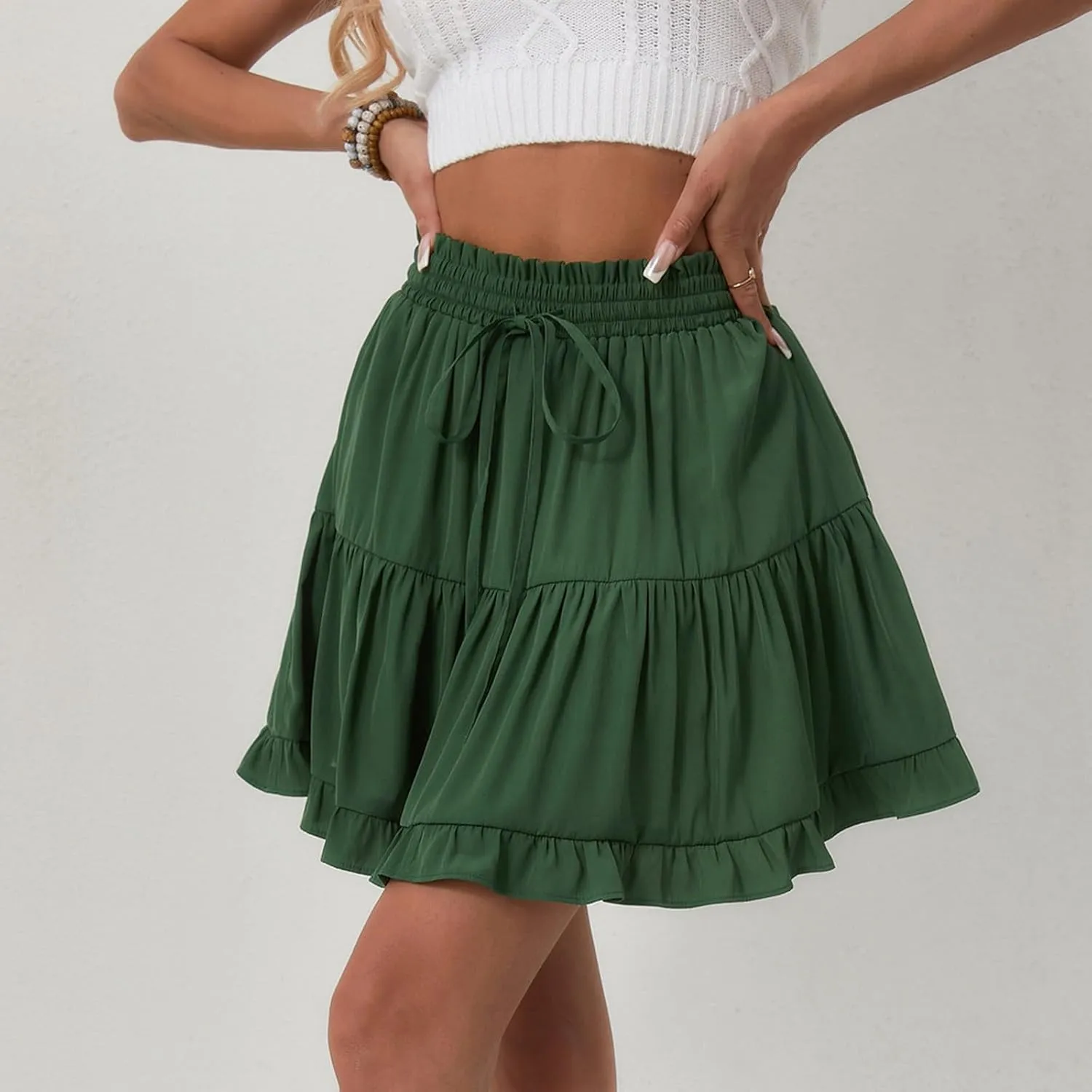 Womens Ruffle Mini Skirts 2025 Cute High Waist A Line Pleated Beach Skirt Drawstring Tie Elastic Waist Skirts
