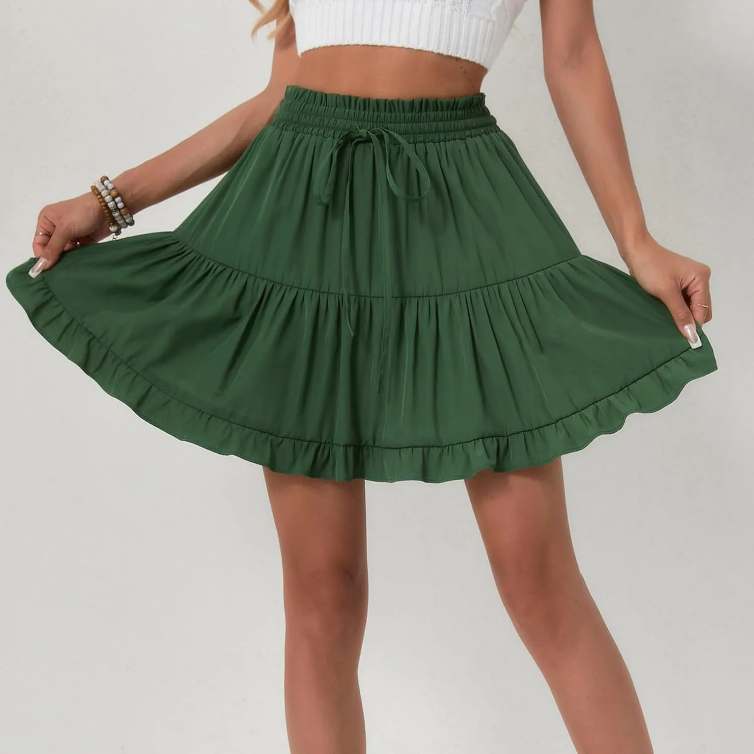 Womens Ruffle Mini Skirts 2025 Cute High Waist A Line Pleated Beach Skirt Drawstring Tie Elastic Waist Skirts