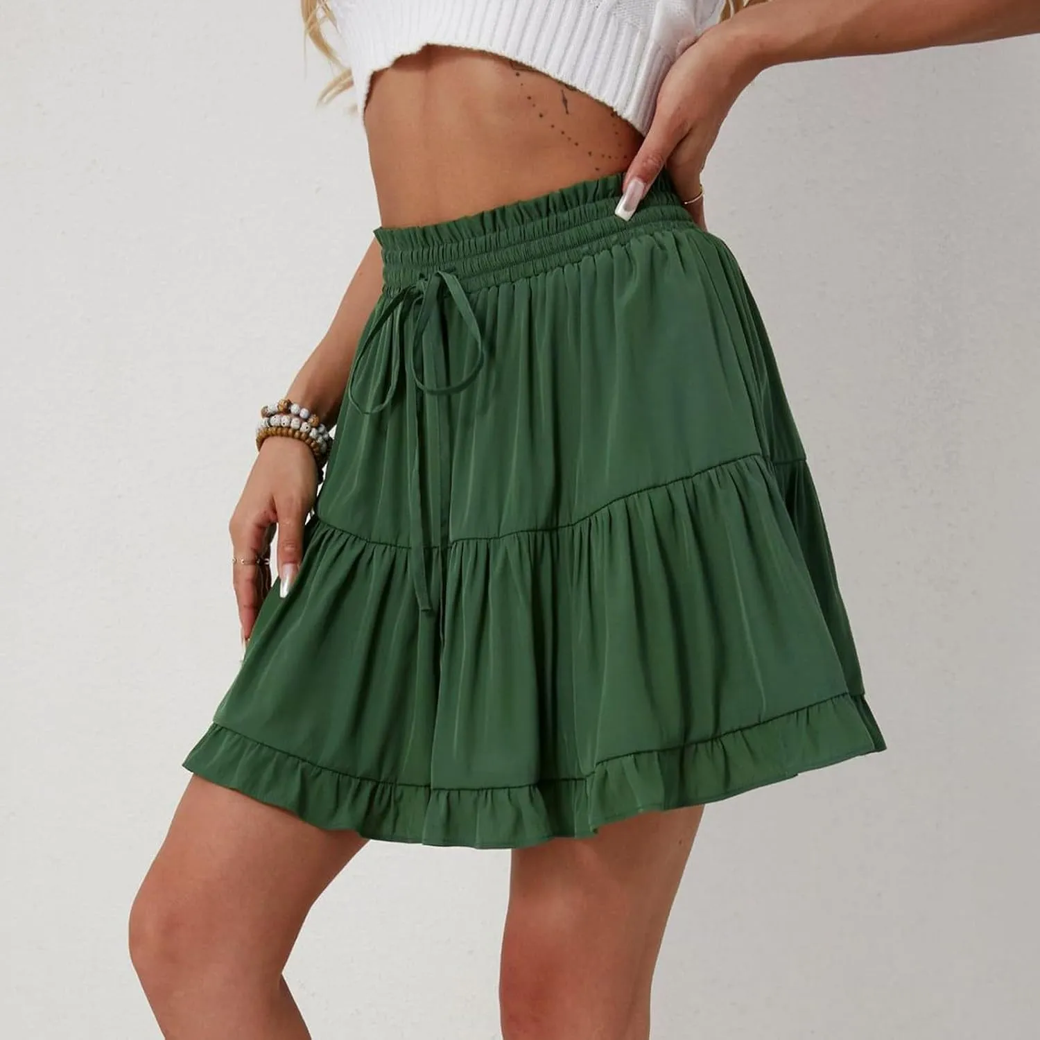 Womens Ruffle Mini Skirts 2025 Cute High Waist A Line Pleated Beach Skirt Drawstring Tie Elastic Waist Skirts