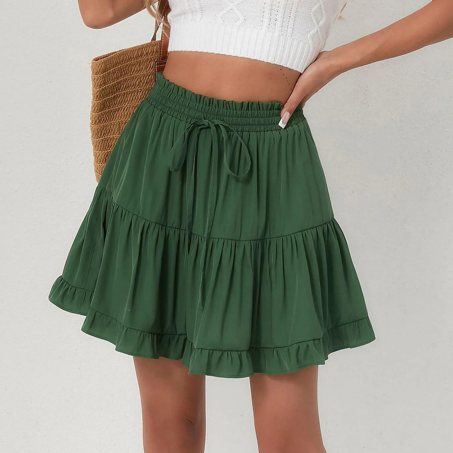 Womens Ruffle Mini Skirts 2025 Cute High Waist A Line Pleated Beach Skirt Drawstring Tie Elastic Waist Skirts