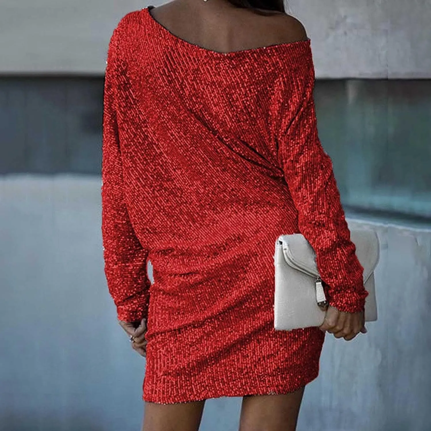 Women's Sequin Bodycon Dress Long Sleeve Crew Neck Mini Dresses Sexy Backless Glitter Evening Party Outfits