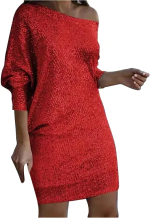 Women's Sequin Bodycon Dress Long Sleeve Crew Neck Mini Dresses Sexy Backless Glitter Evening Party Outfits