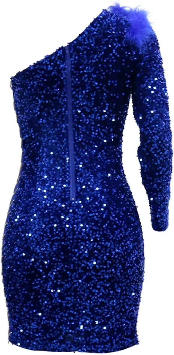 Womens Sequin Dress Sparkly One-Shoulder Bodycon Mini Dress Formal Sexy Split Cocktail Party Short Dresses