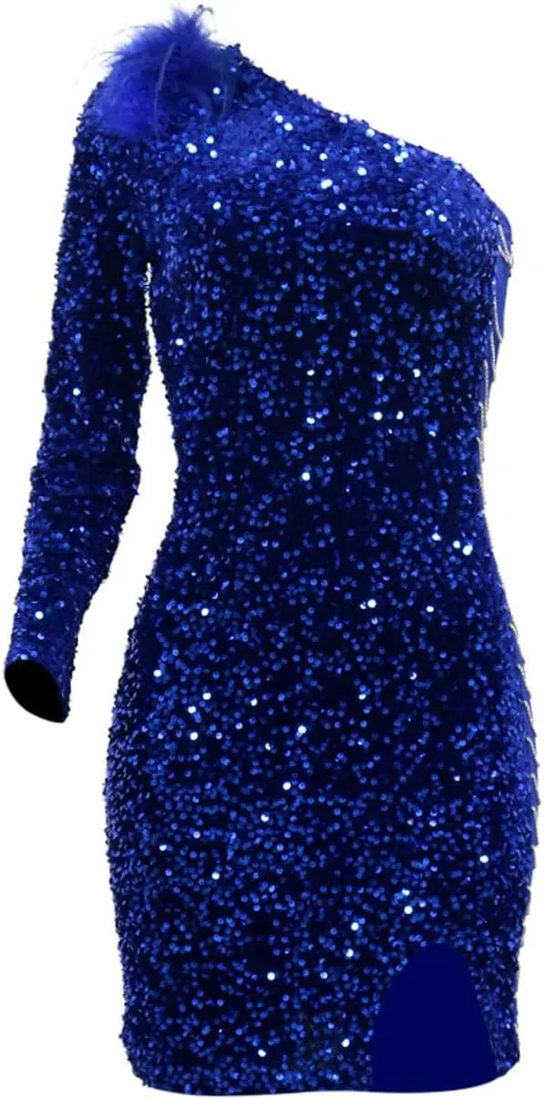 Womens Sequin Dress Sparkly One-Shoulder Bodycon Mini Dress Formal Sexy Split Cocktail Party Short Dresses