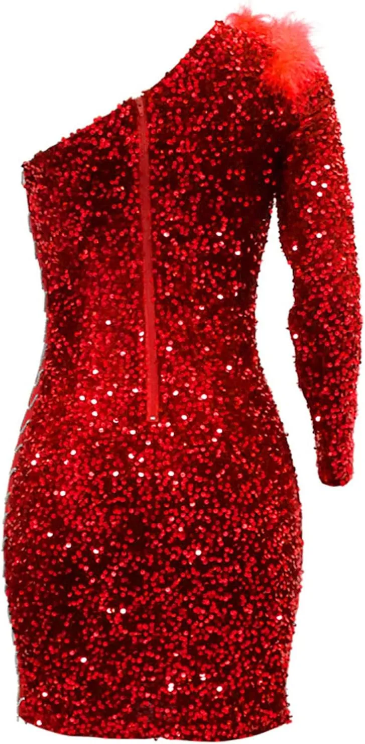 Womens Sequin Dress Sparkly One-Shoulder Bodycon Mini Dress Formal Sexy Split Cocktail Party Short Dresses