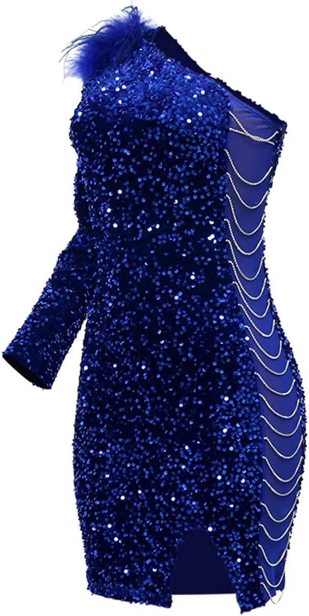 Womens Sequin Dress Sparkly One-Shoulder Bodycon Mini Dress Formal Sexy Split Cocktail Party Short Dresses