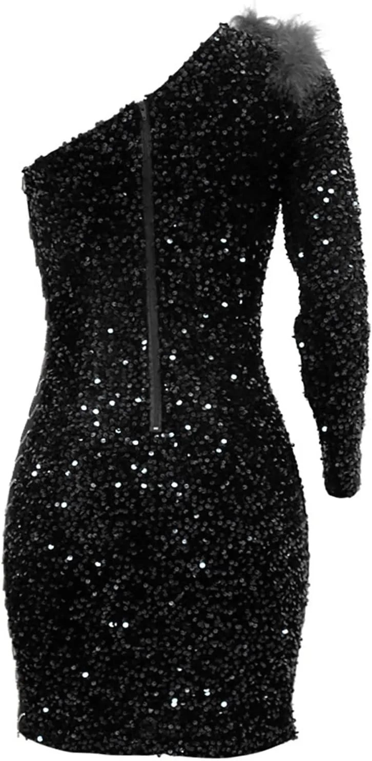 Womens Sequin Dress Sparkly One-Shoulder Bodycon Mini Dress Formal Sexy Split Cocktail Party Short Dresses