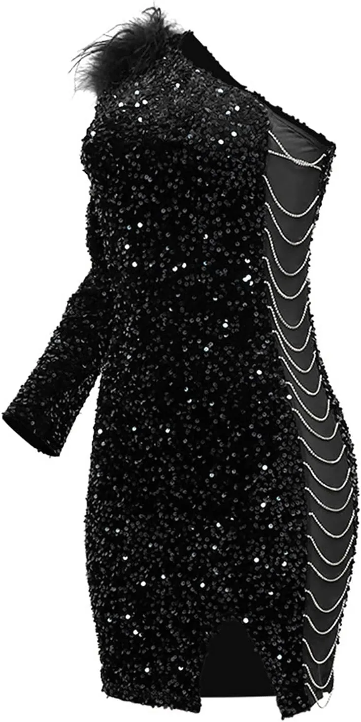 Womens Sequin Dress Sparkly One-Shoulder Bodycon Mini Dress Formal Sexy Split Cocktail Party Short Dresses
