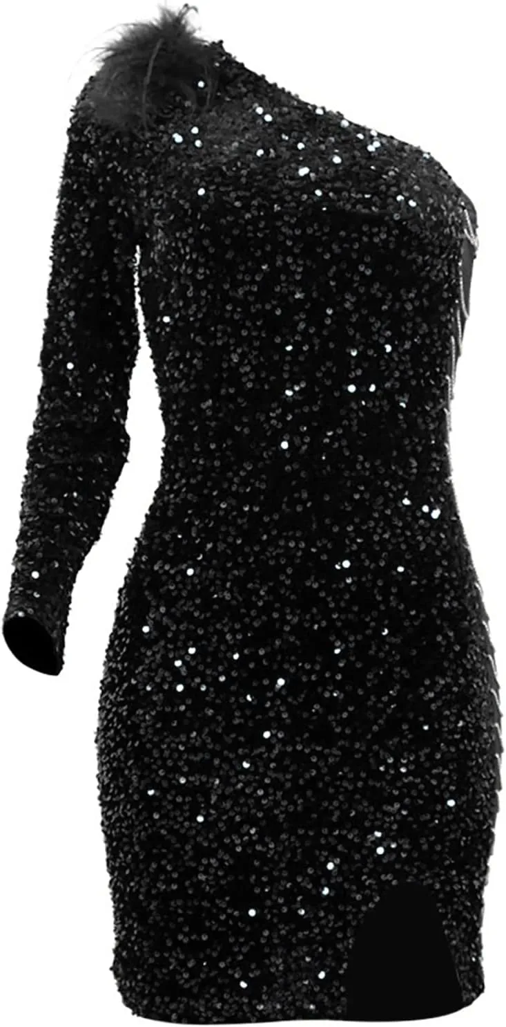 Womens Sequin Dress Sparkly One-Shoulder Bodycon Mini Dress Formal Sexy Split Cocktail Party Short Dresses