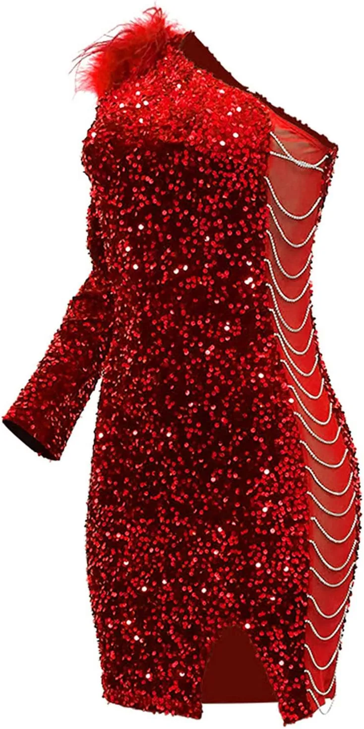 Womens Sequin Dress Sparkly One-Shoulder Bodycon Mini Dress Formal Sexy Split Cocktail Party Short Dresses
