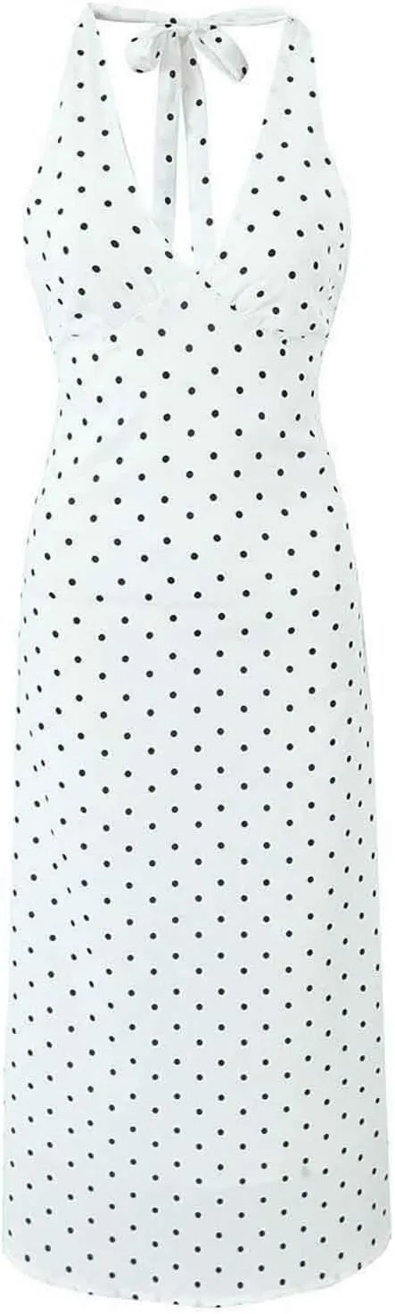 Womens Sexy Bodycon Maxi Dress Halter Deep V Neck Sleeveless Dot Backless Summer Party Clubwear Elegant Bodycon Dresses