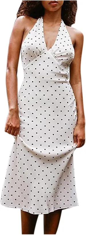 Womens Sexy Bodycon Maxi Dress Halter Deep V Neck Sleeveless Dot Backless Summer Party Clubwear Elegant Bodycon Dresses