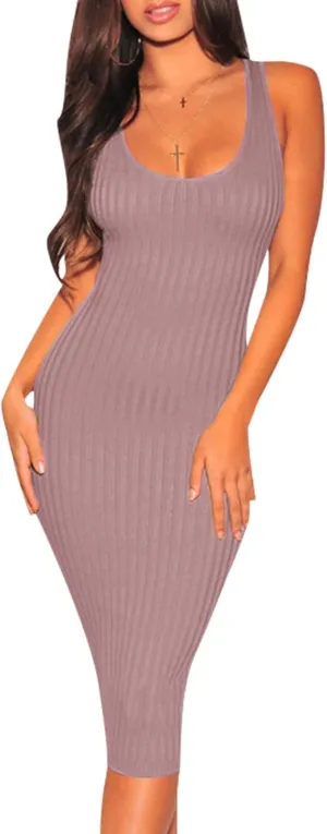 Women's Sexy Bodycon Tank Dresses Sleeveless Ribbed Knit Midi Club Dresses