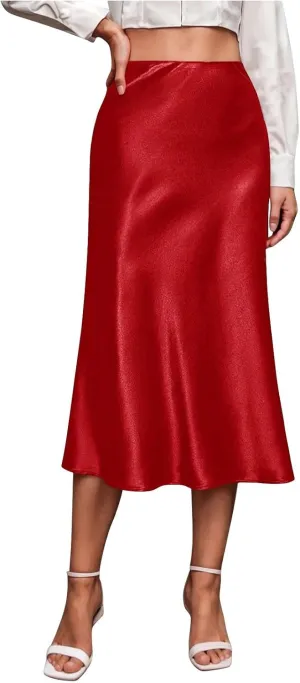 Women's Silk Satin Midi Skirt High Waisted Wrap Bodycon Long Pencil Skirts Dressy Elegant Skirt Party Clubwear