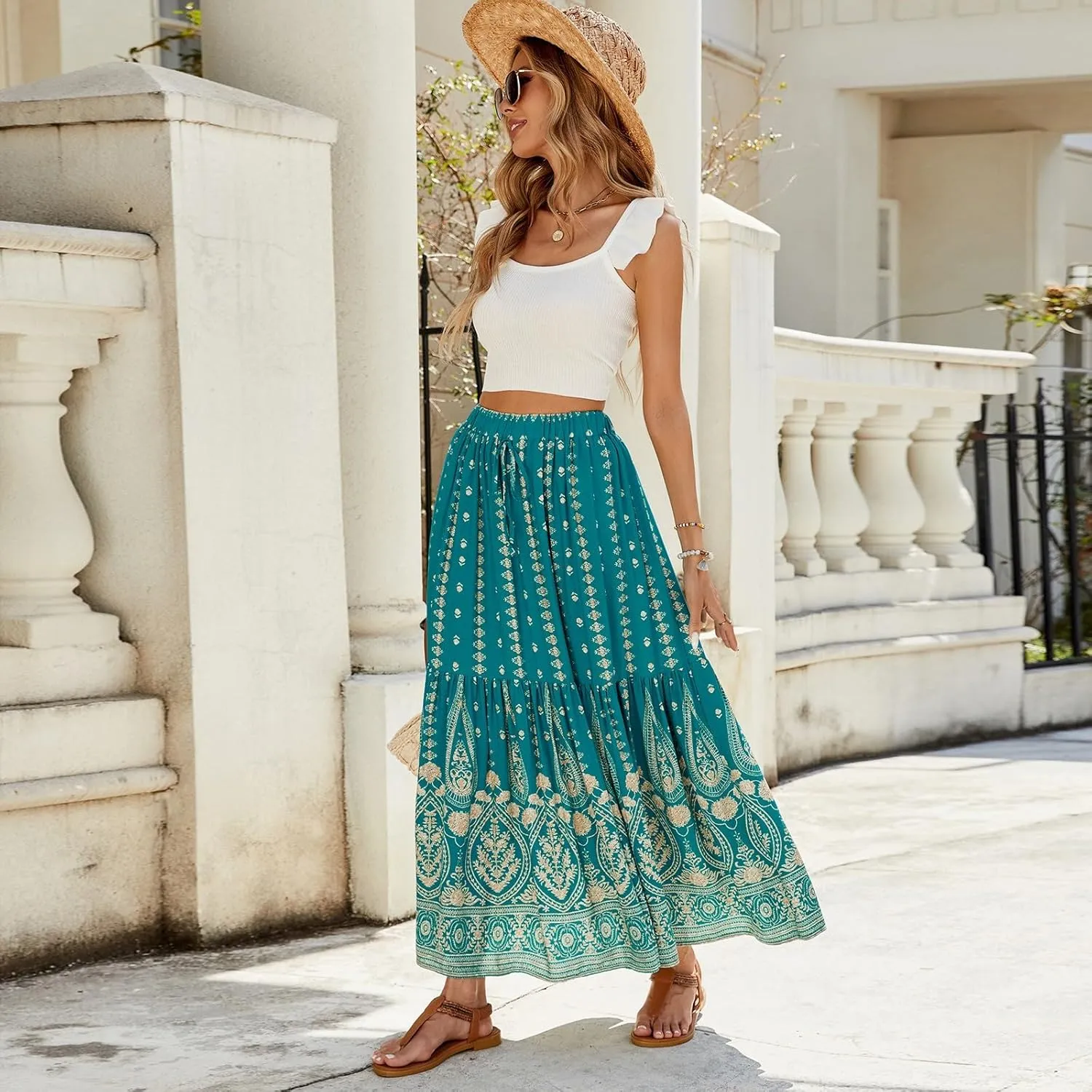 Womens Skirts, Flowy Maxi Skirts for Women 2025 Trendy Beach Vacation Bohemian Long Boho Skirt Spring Summer