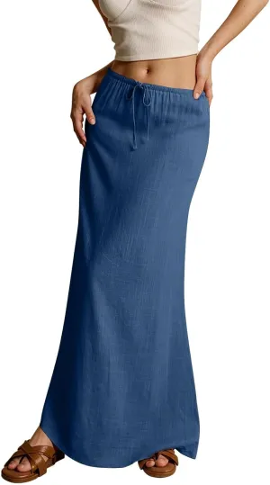 Womens Skirts Summer Long Flowy Skirts Comfy Drawstring Low Rise Linen Maxi Skirt with Slit Beach Plus Size