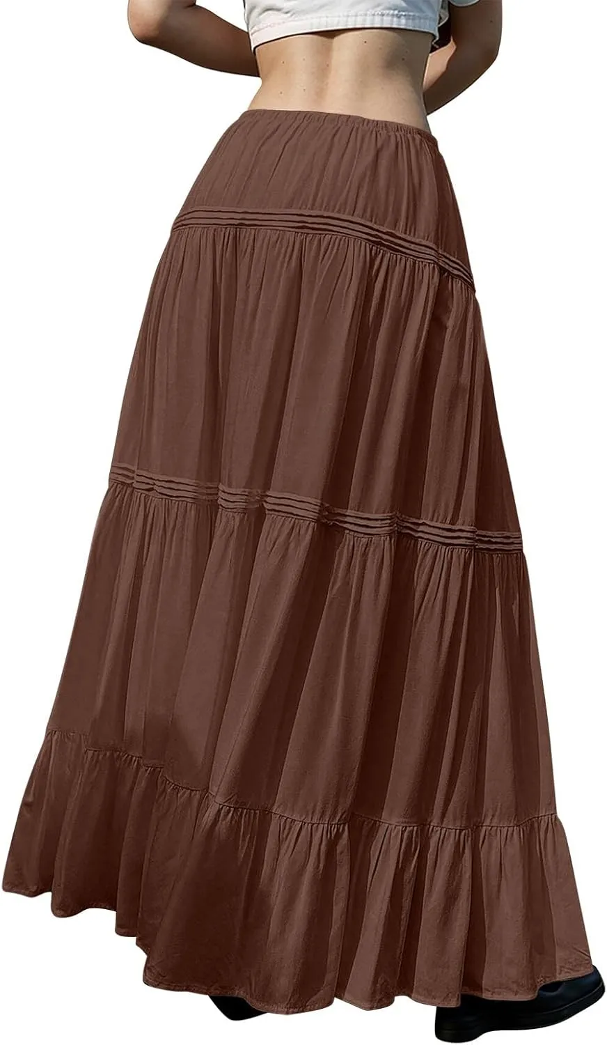 Womens Skirts Summer Pleated Festival Trendy Business Solid Beach Elastic Waist Peasant Smocked Long Flowy Skirts for Women