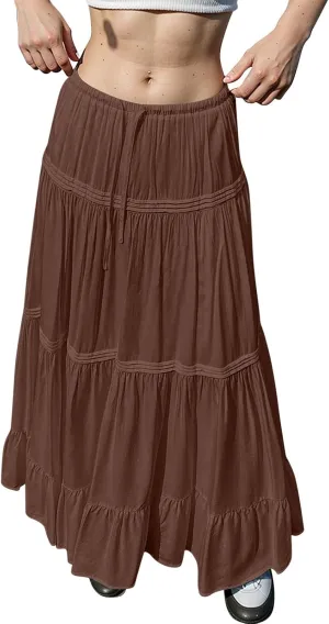 Womens Skirts Summer Pleated Festival Trendy Business Solid Beach Elastic Waist Peasant Smocked Long Flowy Skirts for Women