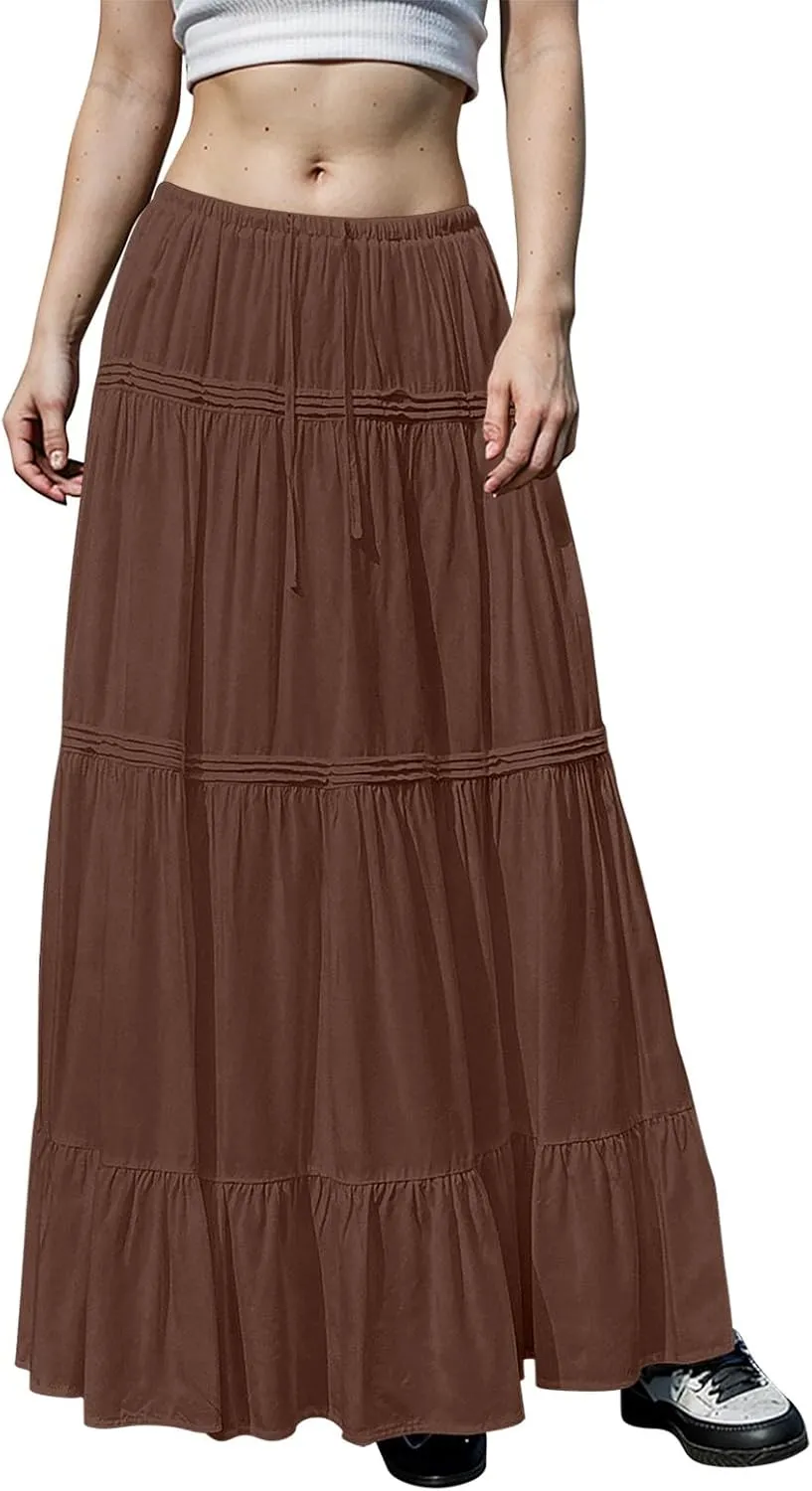 Womens Skirts Summer Pleated Festival Trendy Business Solid Beach Elastic Waist Peasant Smocked Long Flowy Skirts for Women