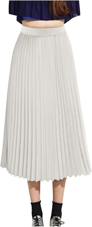 Women's Skirts Trendy Summer Casual Loose Elastic High Waist Solid Color Pleated Sun Beach Midi Skirt, S-XL