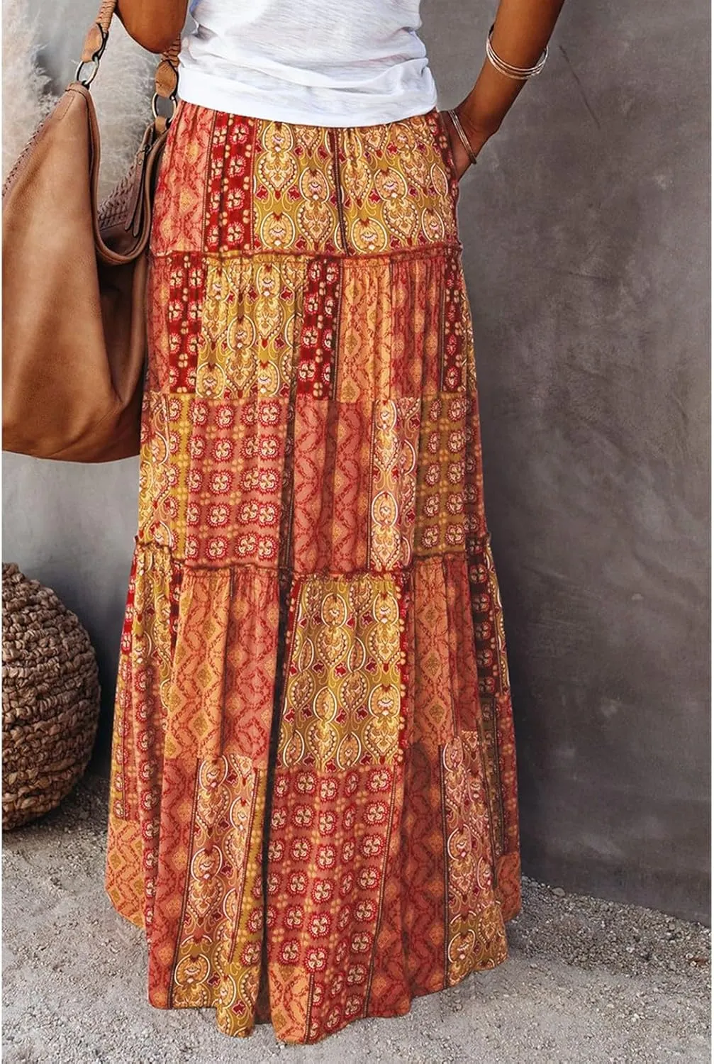 Womens Skirts,Boho Ruffle Hem Flowy Maxi Skirts for Women Trendy 2025 Summer Vacation Elastic High Waist Drawstring