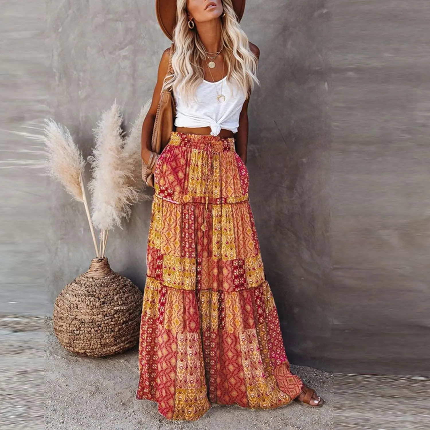 Womens Skirts,Boho Ruffle Hem Flowy Maxi Skirts for Women Trendy 2025 Summer Vacation Elastic High Waist Drawstring