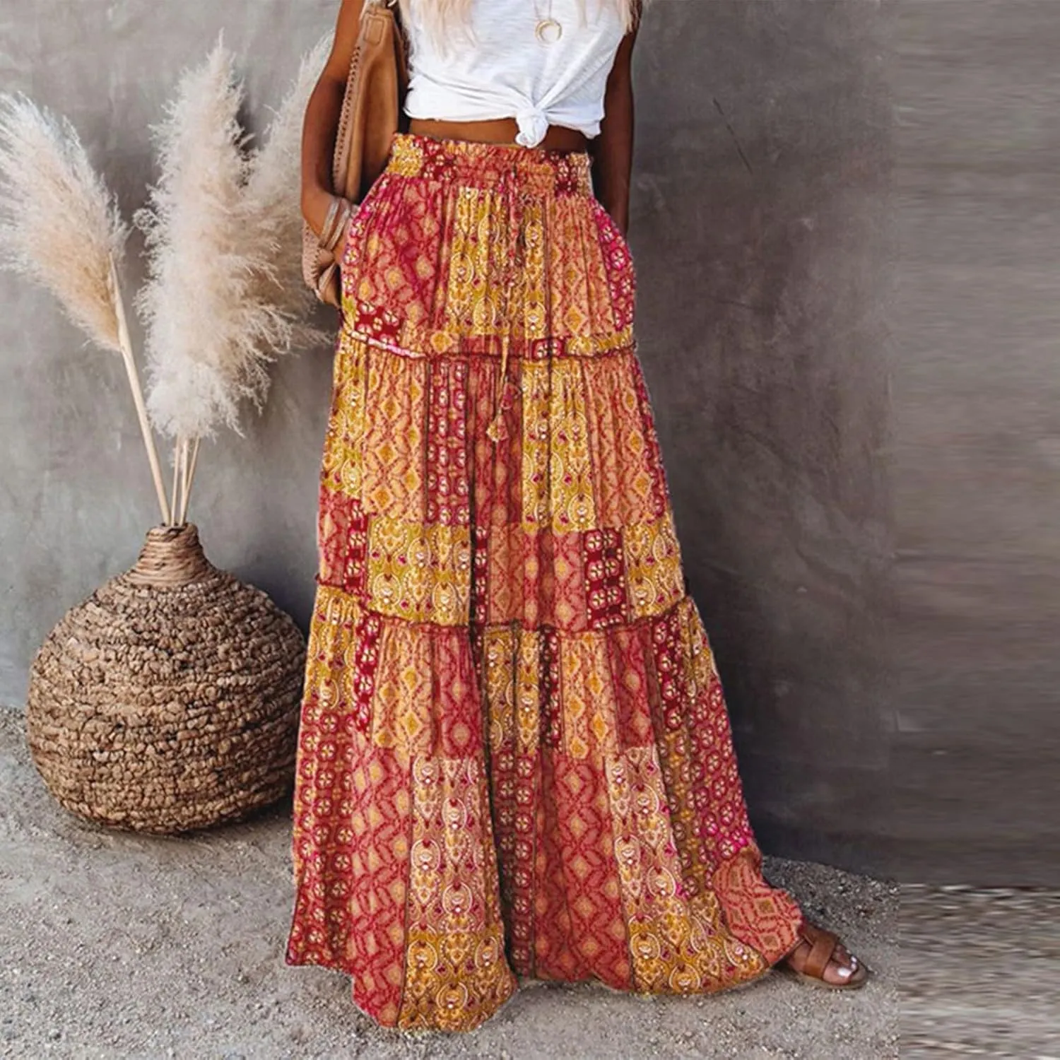 Womens Skirts,Boho Ruffle Hem Flowy Maxi Skirts for Women Trendy 2025 Summer Vacation Elastic High Waist Drawstring