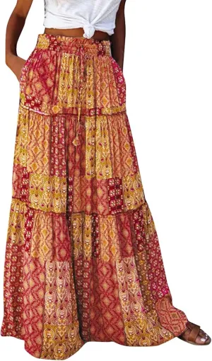 Womens Skirts,Boho Ruffle Hem Flowy Maxi Skirts for Women Trendy 2025 Summer Vacation Elastic High Waist Drawstring