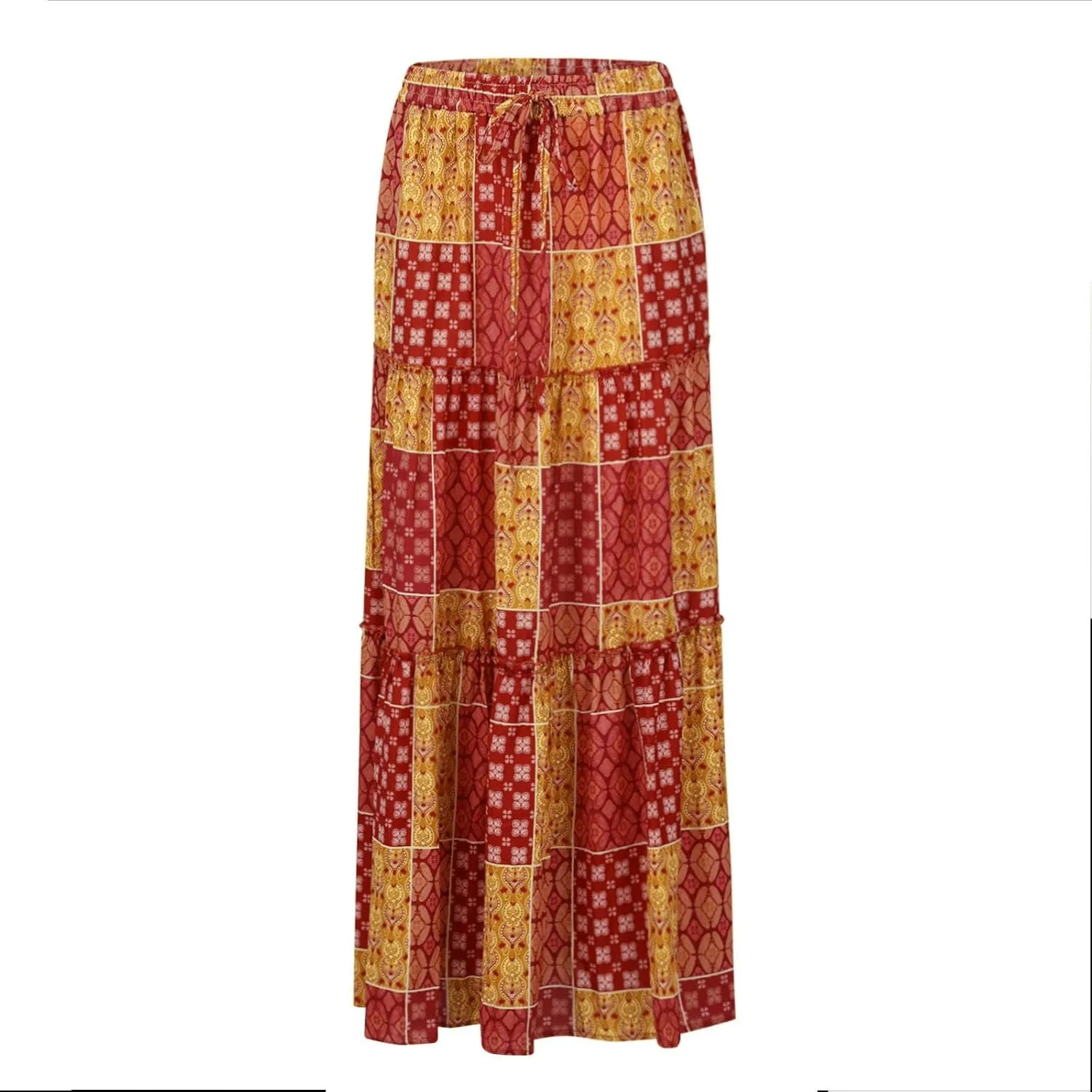 Womens Skirts,Boho Ruffle Hem Flowy Maxi Skirts for Women Trendy 2025 Summer Vacation Elastic High Waist Drawstring