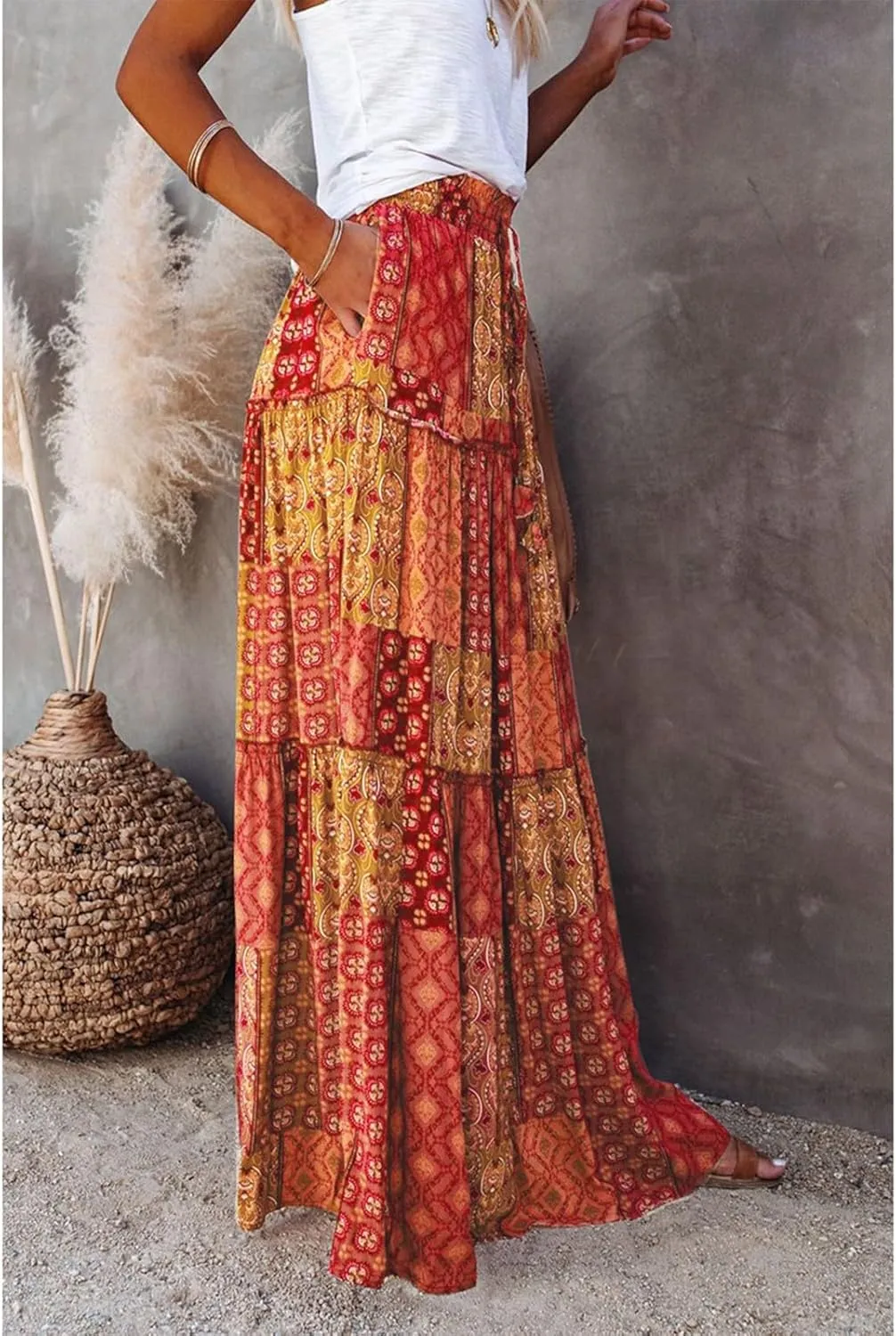 Womens Skirts,Boho Ruffle Hem Flowy Maxi Skirts for Women Trendy 2025 Summer Vacation Elastic High Waist Drawstring