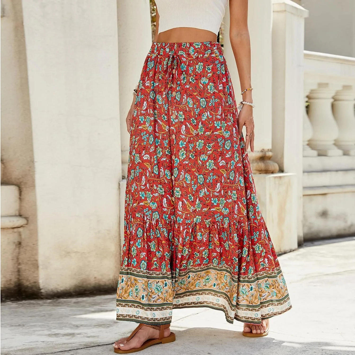 Women's Skirts,Formal Wrap Drawstring Tiered Long Boho Skirt Spring Summer Flowy Maxi Skirts for Women 2025 Trendy