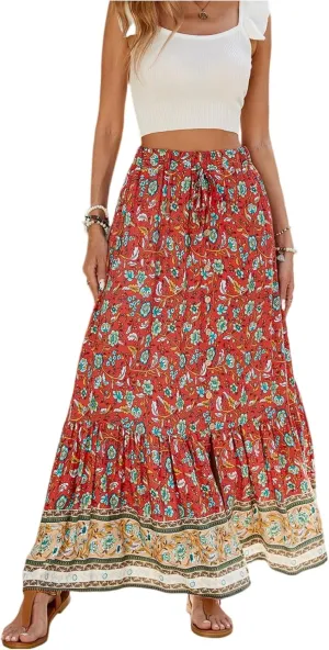 Women's Skirts,Formal Wrap Drawstring Tiered Long Boho Skirt Spring Summer Flowy Maxi Skirts for Women 2025 Trendy