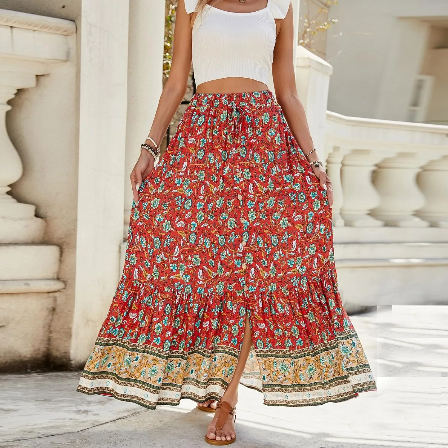 Women's Skirts,Formal Wrap Drawstring Tiered Long Boho Skirt Spring Summer Flowy Maxi Skirts for Women 2025 Trendy